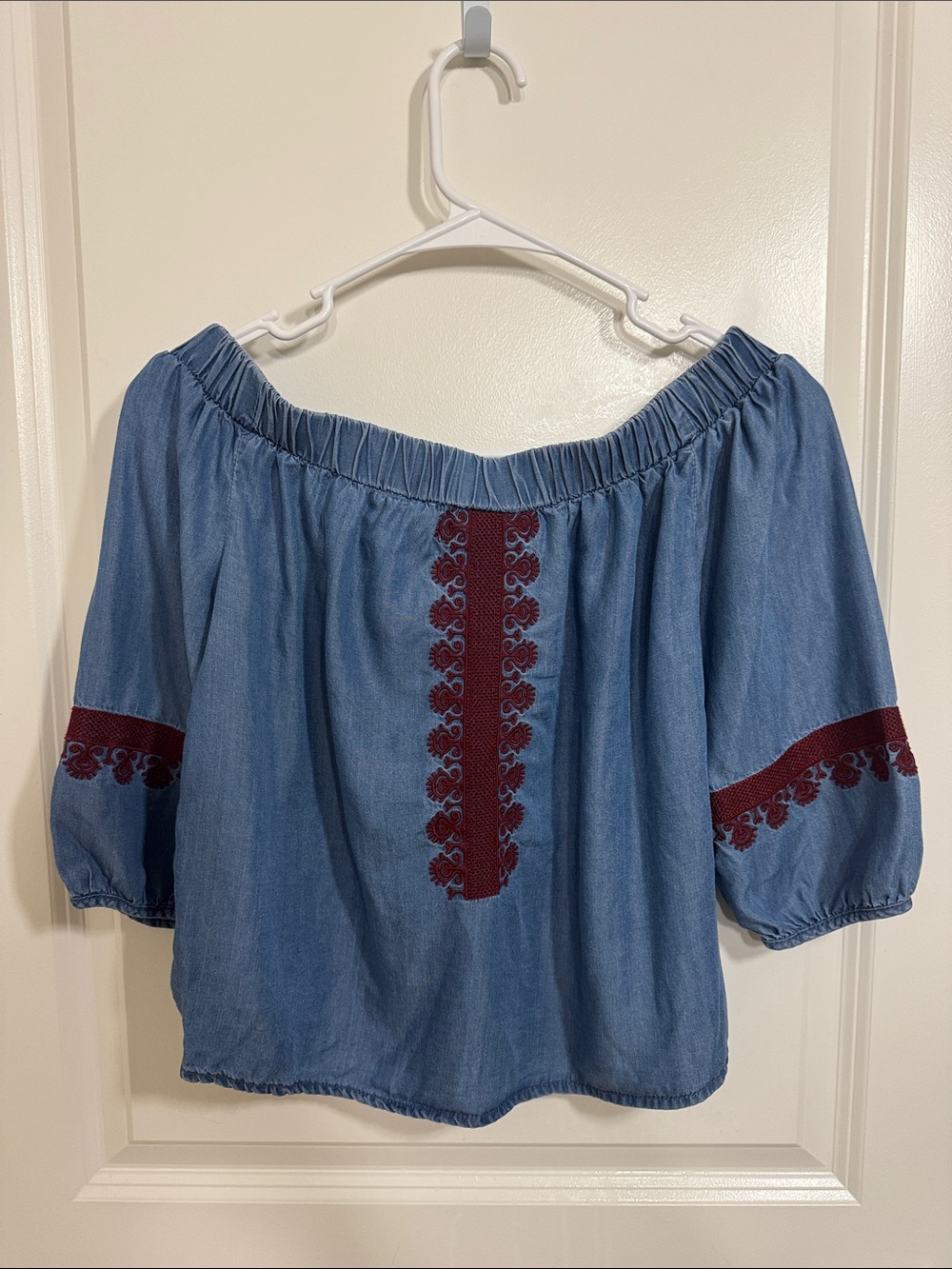 Chelsea & Violet Blue Denim Off-Shoulder Top with Burgundy Embroidery